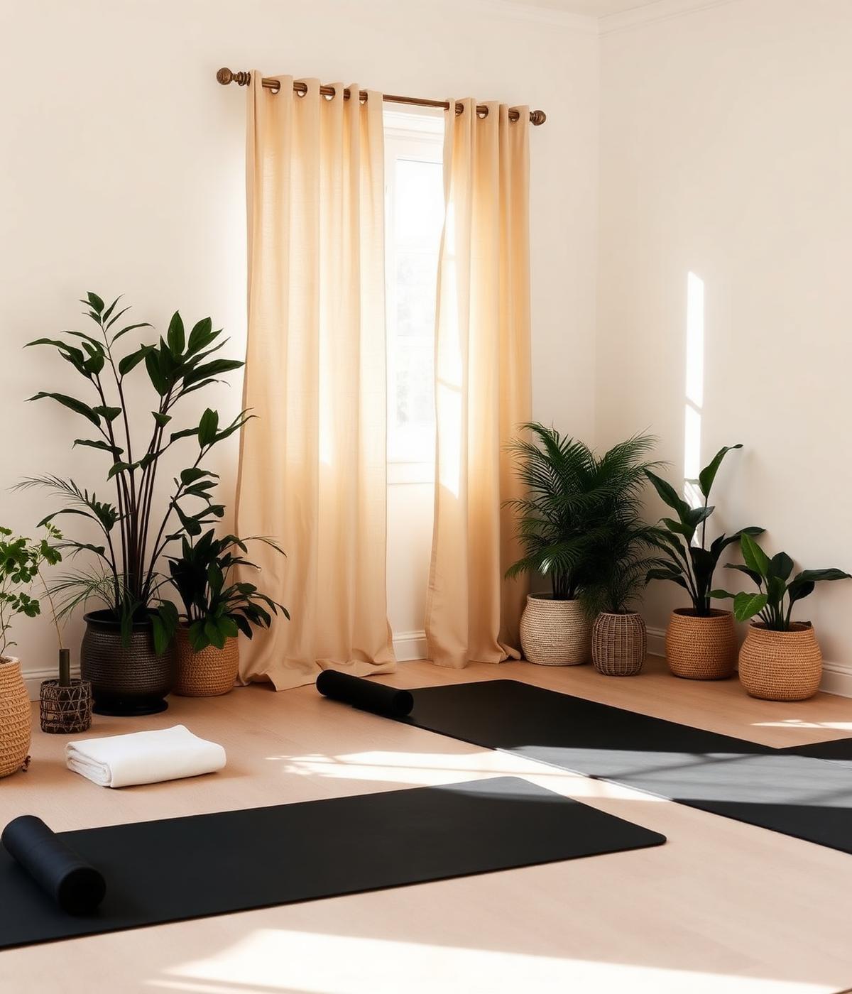 Quiet corner of the studio with mats, plants and linen curtains