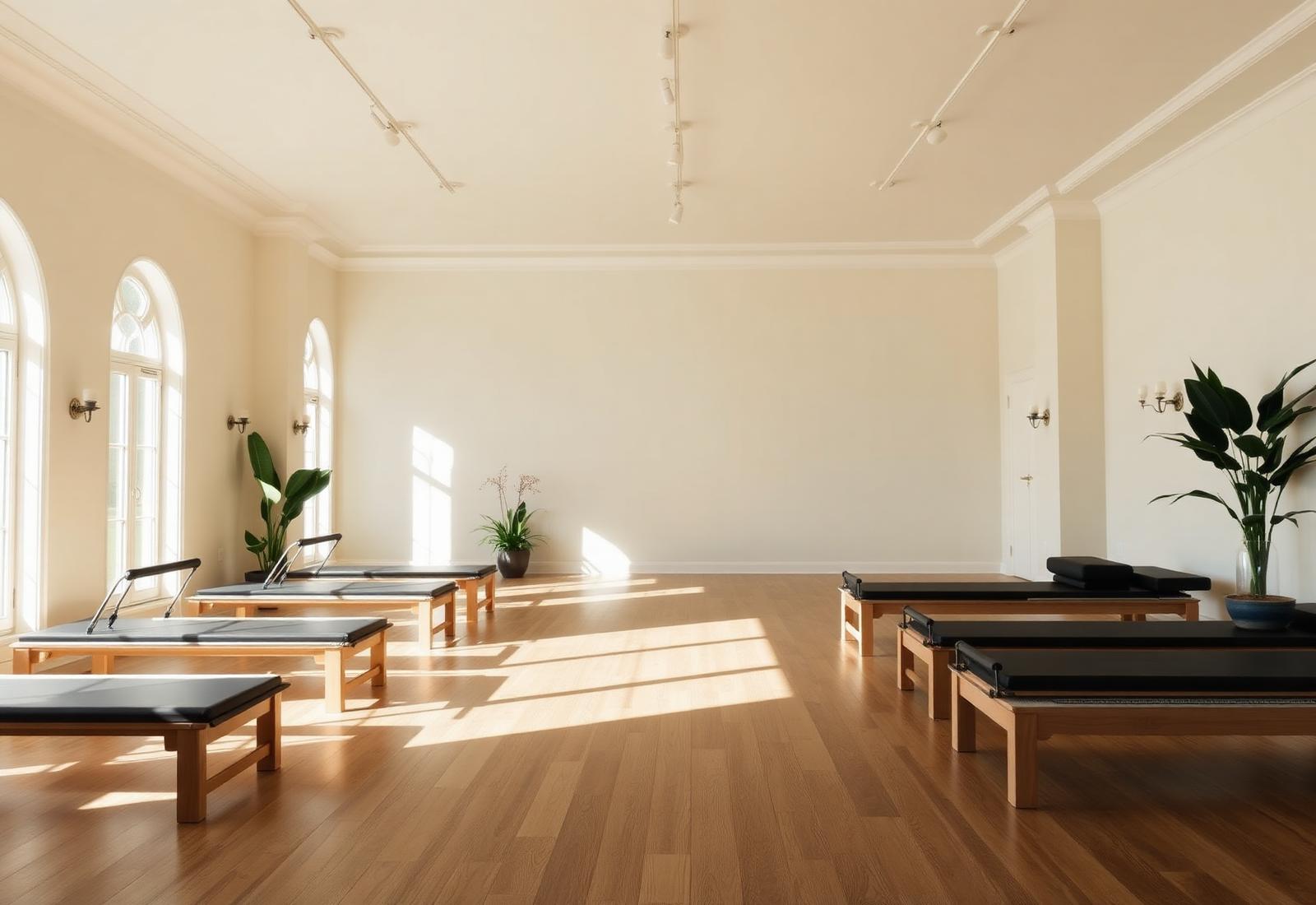 Boutique Pilates studio interior with a row of reformers