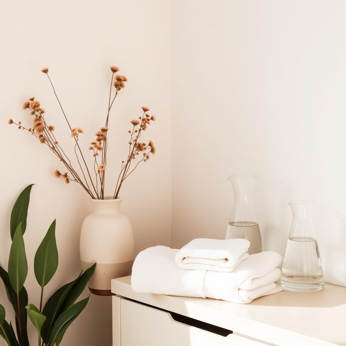 Studio reception corner with linen towels and dried flowers